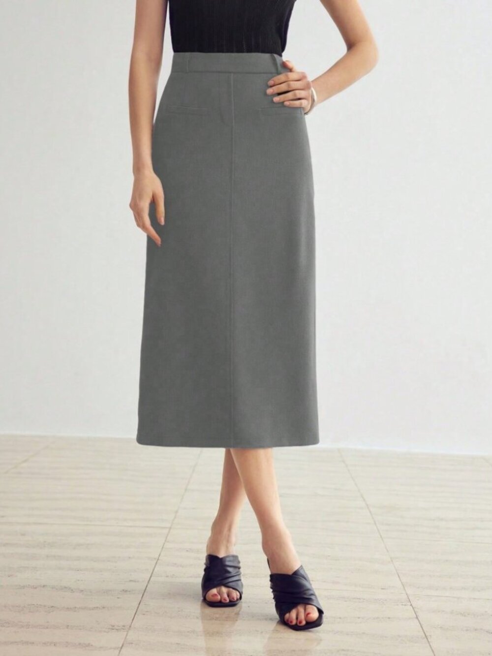 Gray High Waist Back Slit Pocket Midi Pencil Skirt